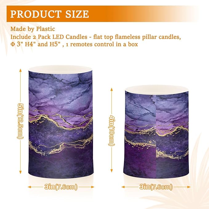Flickering Flameless Candles, Purple Marble with Golden Veins LED Candles with Remote Timer, Set of 2 Battery Operated Candle for Valentine Wedding Birthday-VerdiqueGarden