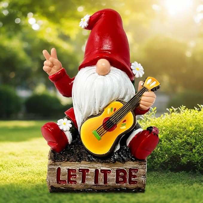 Hippy Gnome with Guitar Garden Statue, Unique Flowers and Peace Sign-VerdiqueGarden