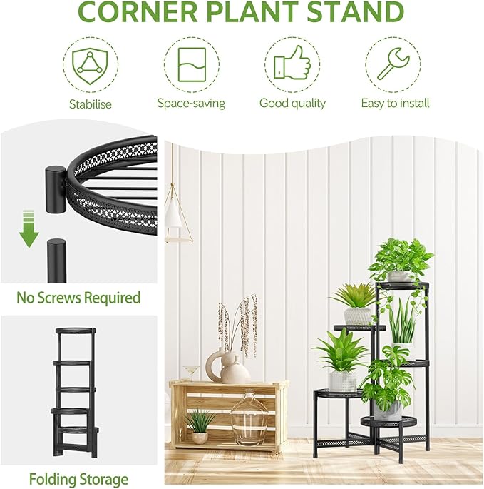iDavosic.ly 5 Tier Large Plant Stand Indoor with 10-Inch Wide Drainage Tray, Tiered Corner Metal Outdoor Flower Display Holder Shelf, Folding Tall Rack for Patio Porch Balcony, Black Iron Carving-VerdiqueGarden