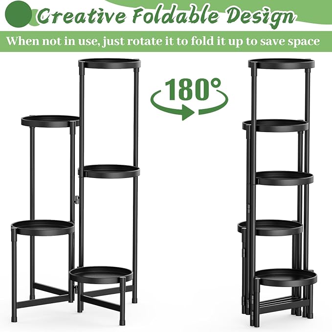 MOKANI Metal Plant Stand Indoor Outdoor for Multiple Plants, 5 Tiered Folding Corner Shelf Tall Flower Pot Holder Display Rack for Patio Living Room Balcony Garden, Black-VerdiqueGarden