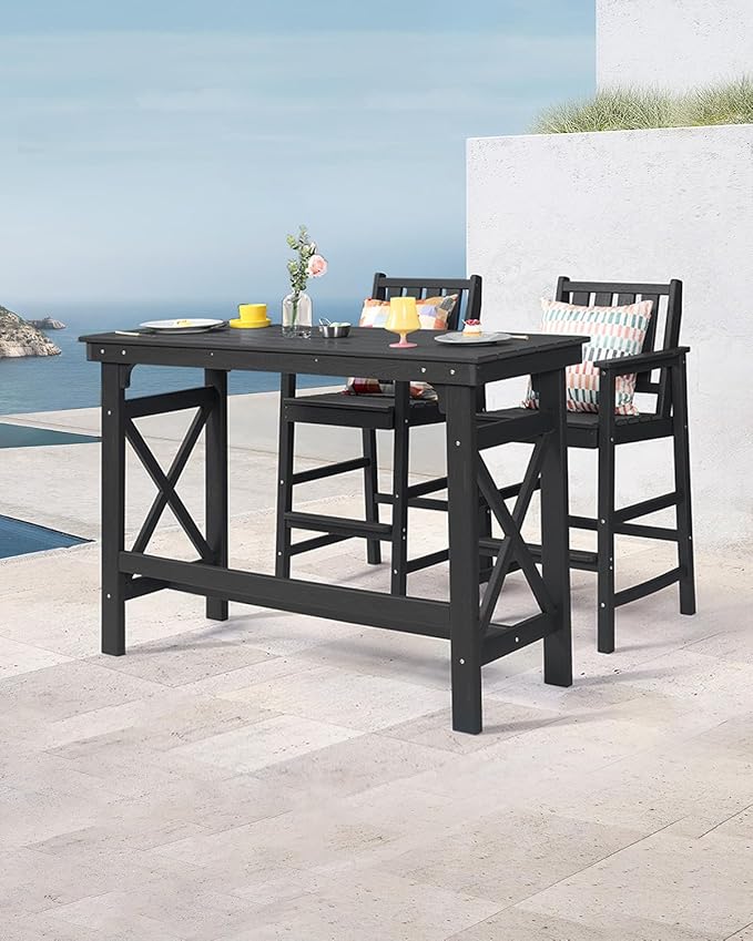 3 Pieces HDPE Outdoor Bar Table and Chairs Set, Tall Adirondack Chairs Set of 2 with Rectangular Bar Table, Patio Bar Stools Set, HDPE Outdoor Patio Bar Set for Balcony, Porch, Deck, Obsidian-VerdiqueGarden
