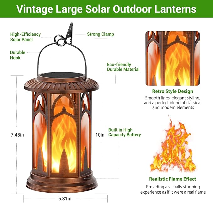 KOOPER Taller Solar Lanterns Outdoor Waterproof Hanging Solar Lantern Lights, 2Pack Upgraded Flickering Flame Lanterns Decorative Outdoor, Battery & Solar Powered lantern for Garden Yard Decor, Bronze-VerdiqueGarden