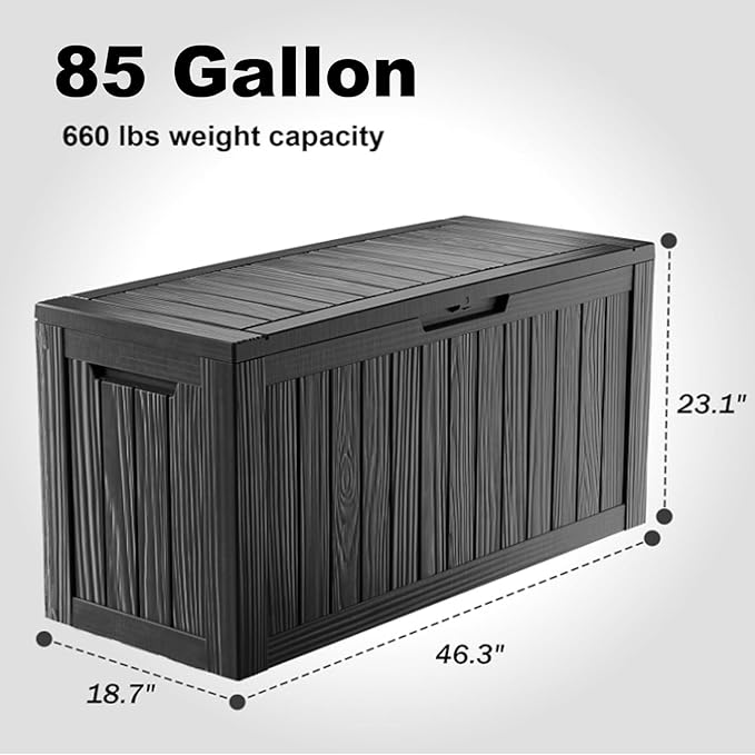86 Gallon Outdoor Deck Box,Storage Lockable Waterproof Patio Furniture,Garden Tools,Cushions,Pool Accessories Outside Storage Resin Box(Black)-VerdiqueGarden