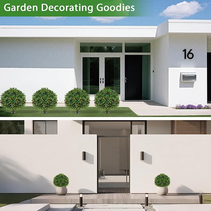 Artificial Olive Topiary Ball Trees with Ground Spike, Set of 2 UV Resistant Artificial Shrubs, Fake Evergreen Artificial Plant Bushes for Indoor Outdoor Front Porch Garden-VerdiqueGarden