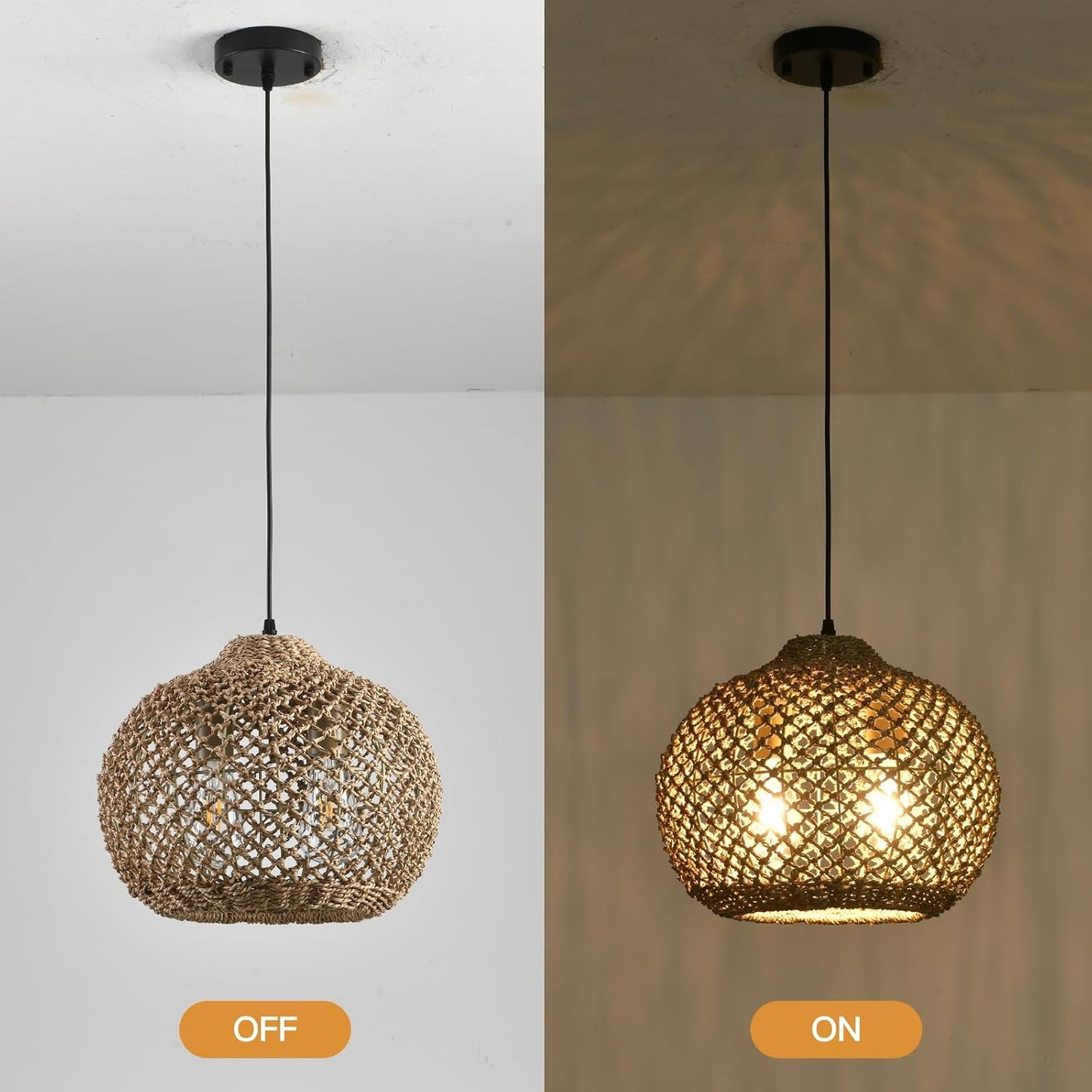 13.79" Rattan Pendant Light, Boho Handmade 2-Light Wicker Chandelier, for Kitchen Island, Bedroom, Dining Room, Entryway, Foyer-VerdiqueGarden