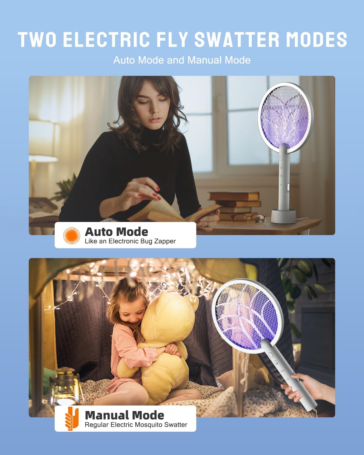 Electric Fly Swatter Racket, Mosiller 2 in 1 Bug Zapper with Type-C Rechargeable Base, 4000V Mosquito Killer with 3-Layer Safety Mesh for Pest Insect Control for Indoor、Office、Camping(Grey-1 Pack)-VerdiqueGarden