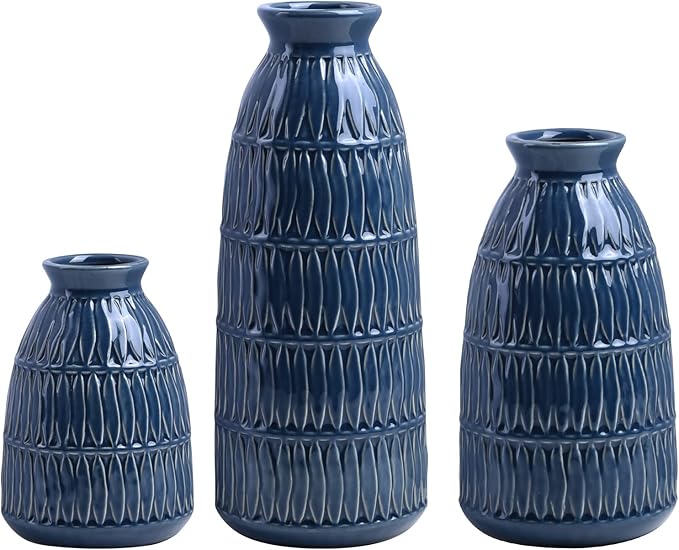 Yundu Navy Blue Ceramic Flower Vases for Home Decor Set of 3, Living Room Décor, Modern Farmhouse and Neutral Home Décor, Pmpas Grass Vase, Shelf, Mantle, Centerpieces Minimalist Décor-VerdiqueGarden