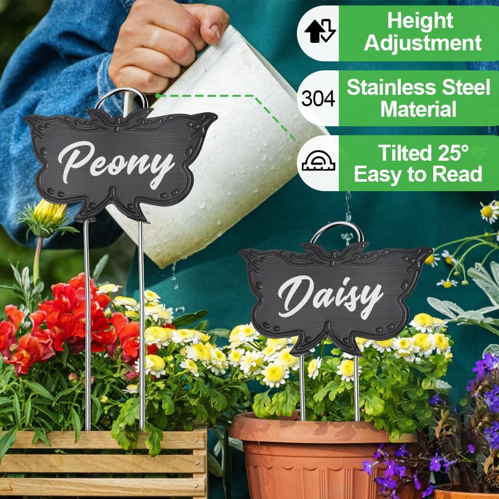 Metal Plant Labels, Tall Outdoor Butterfly Garden Markers for Flowers, Fruits and Vegetables, 304 Stainless Steel Weatherproof Signs (25 Packs, 4" x 2.3", Black Butterfly Design)-VerdiqueGarden
