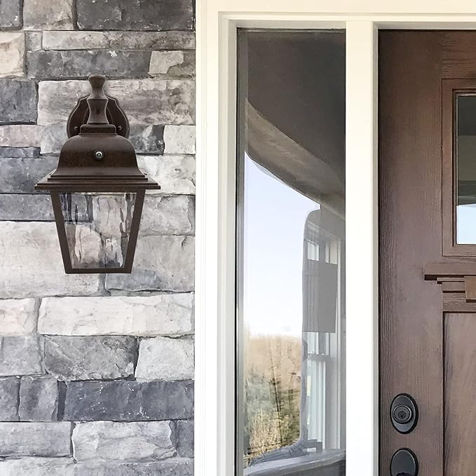 Maxxima LED Porch Lantern Outdoor Wall Light Fixture - Aged Bronze, Clear Water Glass, Photocell Sensor, 875 Lumens, 3000K Warm White, Dusk to Dawn Light Sensor, Exterior Decorative Light-VerdiqueGarden