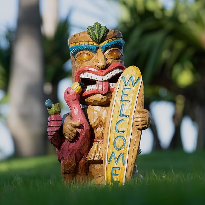 Welcome Tiki Statue with Surfboard Flamingo-Solar Outdoor Decor - Tiki Man with Automatic Switch On Flickering Eyes LED Light for Tiki Bar Decorations, Patio, Balcony, Yard,Lawn,Gifts-VerdiqueGarden