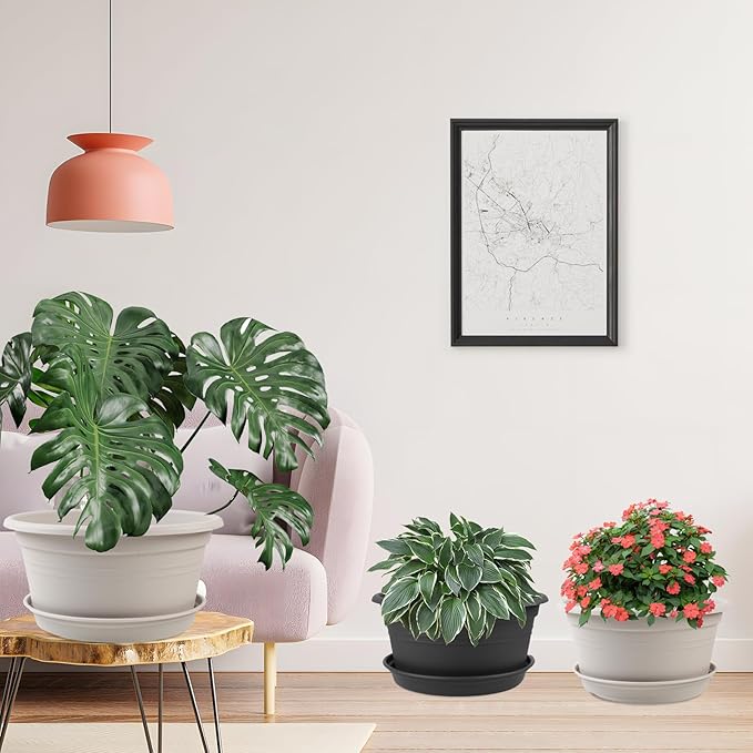 6 Pack 10 inch Plant Pot, Outdoor Pots for Plants with Drainage Hole & Tray Saucer, Round Plastic Plant Pot, Decoration Flower Pots for Indoor Plants Home Garden Outdoor Planters (White)-VerdiqueGarden