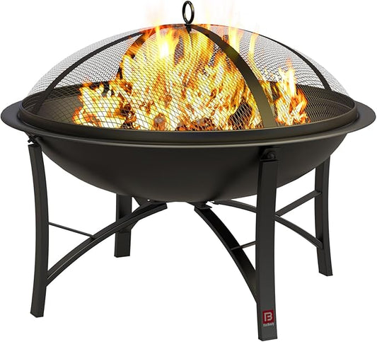 Fire Beauty Fire Pit for Outside Wood Burning,BBQ Grill Steel Fire Bowl with Spark Screen Cover,Log Grate,Poker for Camping Beach Bonfire Picnic Backyard Garden-VerdiqueGarden
