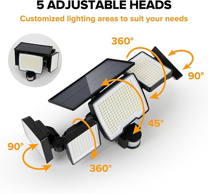 UME Solar Outdoor Lights 620 LED 4500LM, IP65 Waterproof Motion Sensor Outdoor Lights, 5 Heads Solar Security Flood Light 270 Wide Lighting Angle with 3 Modes for Garden Patio Yard - 2 Pack-VerdiqueGarden