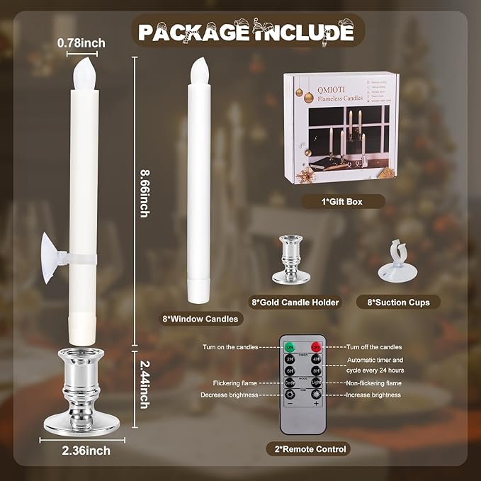 8 Pack Christmas Window Candles, Battery Operated with Timer Remote, LED with Candle Holders Suction Cups, Flickering for Christmas Decorations, Silver-VerdiqueGarden