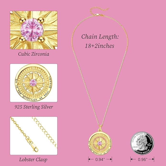 KINGWHYTE Graduation Gifts Birthstone Necklace for Women 925 Sterling Silver Compass Pendant Go in the Direction of your Dream Travel Jewelry Birthday Gift for Her