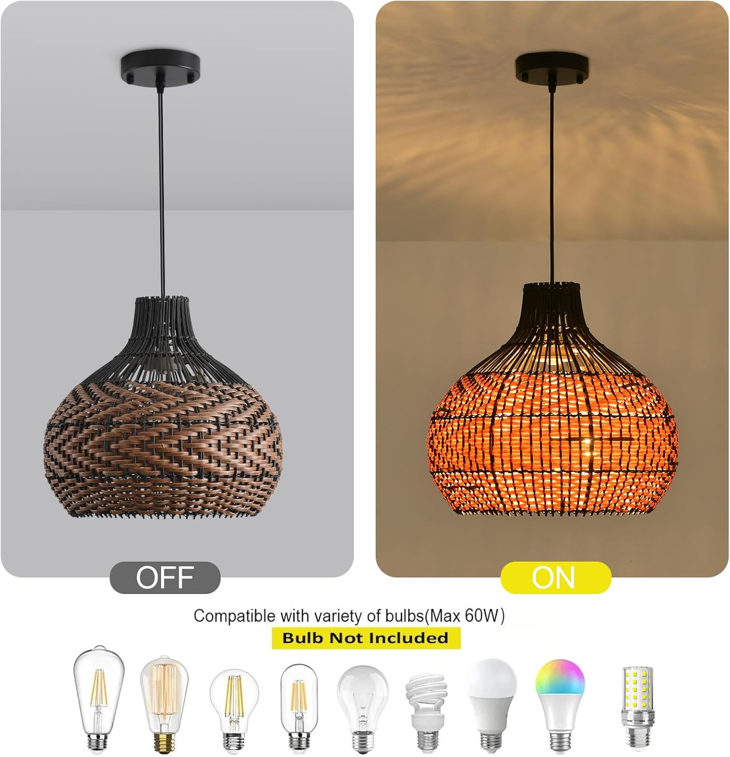 3-Light Rattan Pendant Light,15" Hand-Woven Black Brown Faux Rattan Hanging Light Boho Wicker Basket Chandelier,for Living Room Bedroom Kitchen Dining Farmhouse 1-Pack-VerdiqueGarden