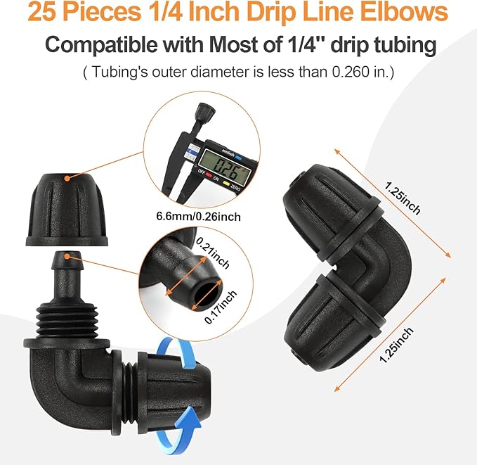 1/4 Inch Drip Irrigation Elbow Fittings, 25 Pieces 1/4'' Drip Line Barbed Locked Elbow Connectors for 1/4 Inch Irrigation Tubing Anti-leak 90 Degree Elbow for Garden Drip Sprinkler Systems-VerdiqueGarden