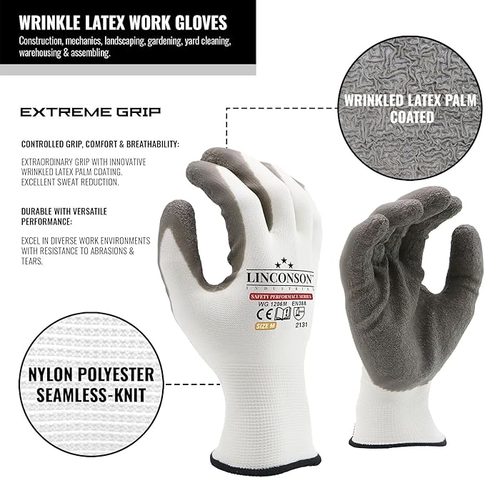 linconson 12 Pack Safety Performance Series Construction Mechanics Wrinkle Latex Work Gloves-VerdiqueGarden
