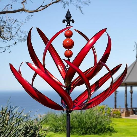 LimeHill Wind Spinner for Garden and Yard - Large Metal Kinetic Wind Sculptures for Outdoor Decor (91 Inches, Burgundy Lotus)-VerdiqueGarden
