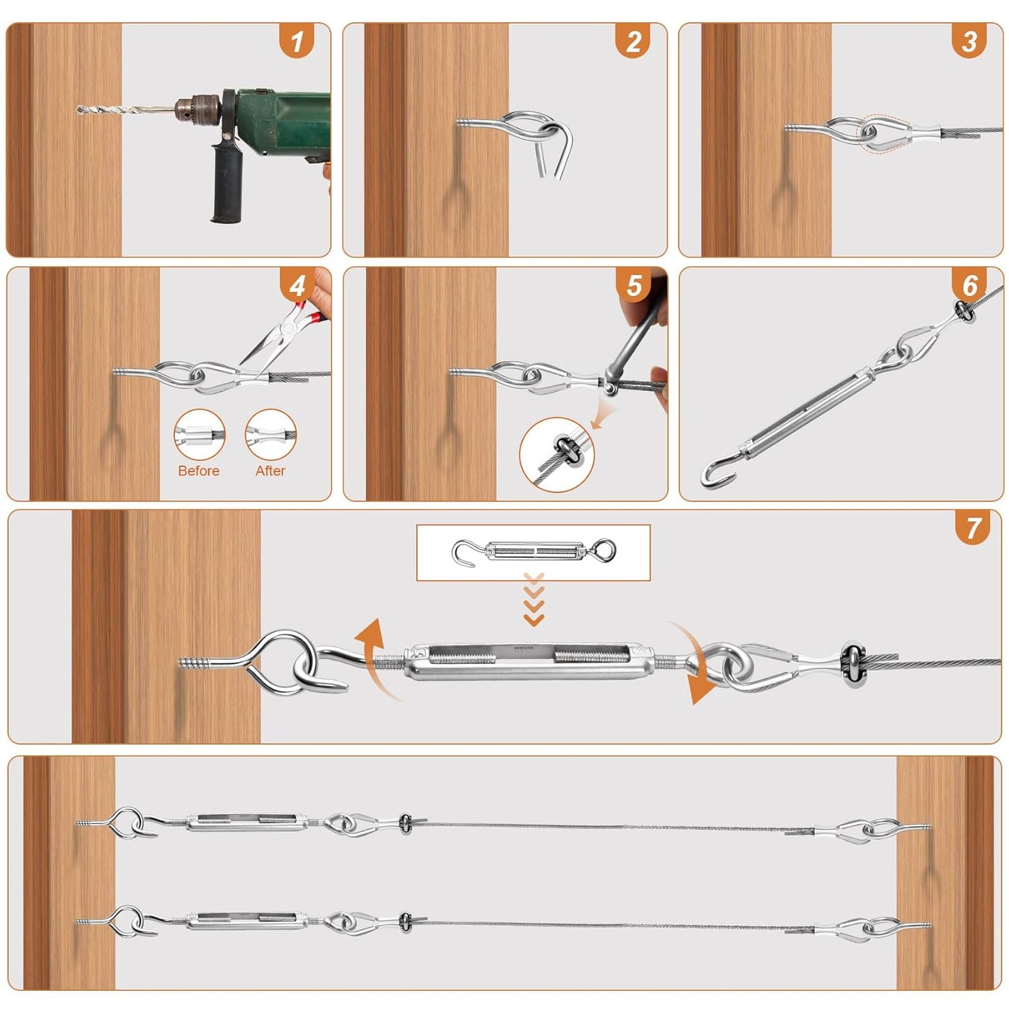 1/8" Vinyl Coated Wire Rope Kit with Work Gloves, 300FT Stainless Steel String Light Hanging Kit with Turnbuckle,7x7 Strand 920LB Strength Clothes Line Cable for Outdoor, Crafts, Garden-VerdiqueGarden