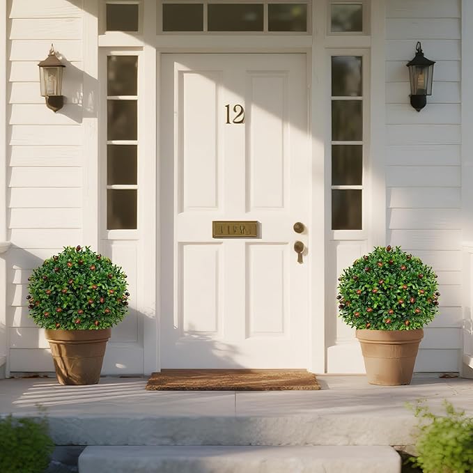 Artificial Olive Topiary Ball Trees with Ground Spike, Set of 2 UV Resistant Artificial Shrubs, Fake Evergreen Artificial Plant Bushes for Indoor Outdoor Front Porch Garden-VerdiqueGarden