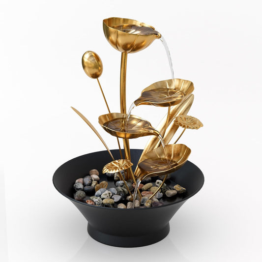 Tabletop Water Fountain, Indoor Waterfall Meditation Fountain with Golden Lotus Modeling & Natural Rocks, Home Decor for Office, Bedroom-VerdiqueGarden