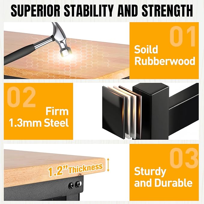 96”Adjustable Work Bench, 5000 LBS Capacity Heavy Duty Workbench with Power Outlet & Pegboard, Rubber Wood Work Table for Garage, Workshop, Office, Home-VerdiqueGarden