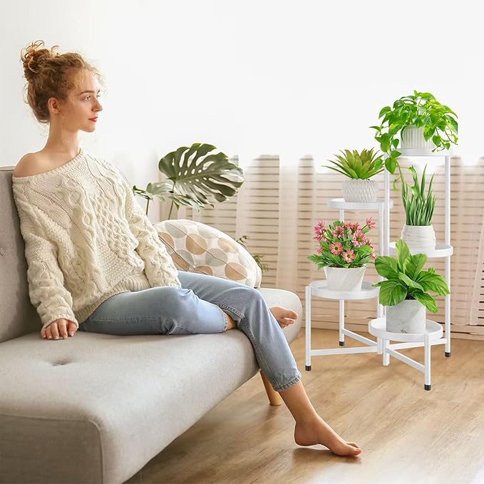 iDavosic.ly 5 Tier Large Plant Stand Indoor with 10 Inch Wide Tray, Tiered Corner Metal Outdoor Flower Display Holder Shelf, Folding Tall Rack for Patio Porch Living Room, White-VerdiqueGarden