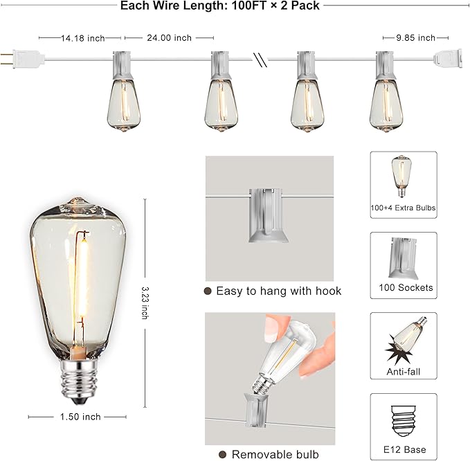 DAMAING Outdoor String Lights 200FT Waterproof,Patio String Lights for Outside with Shatterproof 104 Edison LED Bulbs,Vintage Dimmable Hanging Lights for Christmas,Wedding,2 Pack × 100FT White Cable-VerdiqueGarden