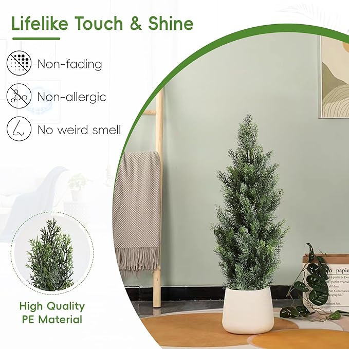 momoplant Artificial Cedar Topiary Trees 3 Ft Fake Cedar Shrubs Set of 2 Faux Cypress Potted Plants for Outdoor Indoor Decor-VerdiqueGarden