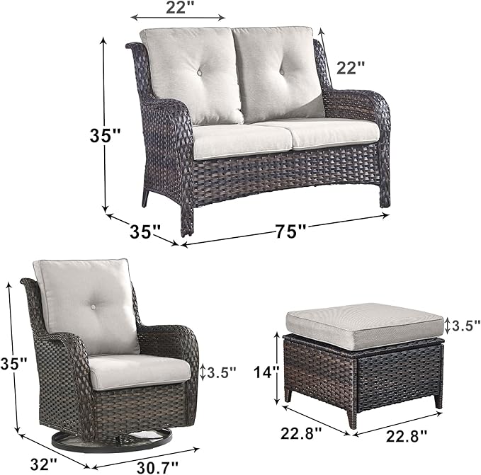 Outdoor Wicker Patio Furniture Set - 5 Piece Rattan Patio Conversation Set with 2 Rocking Swivel Chairs,2 Ottomans and 1 Loveseat for Porch Deck Backyard Garden(Brown/Beige)-VerdiqueGarden