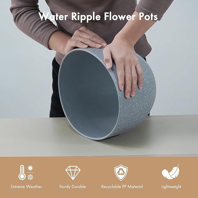 12 Inch Wide Water Ripples Flower Pots for Indoor or Outdoor Plants, Large Plant Pots with Drainage Holes & Saucer, Plastic Planters Set for Garden & Home Decor (Grey with White Speckles)-VerdiqueGarden