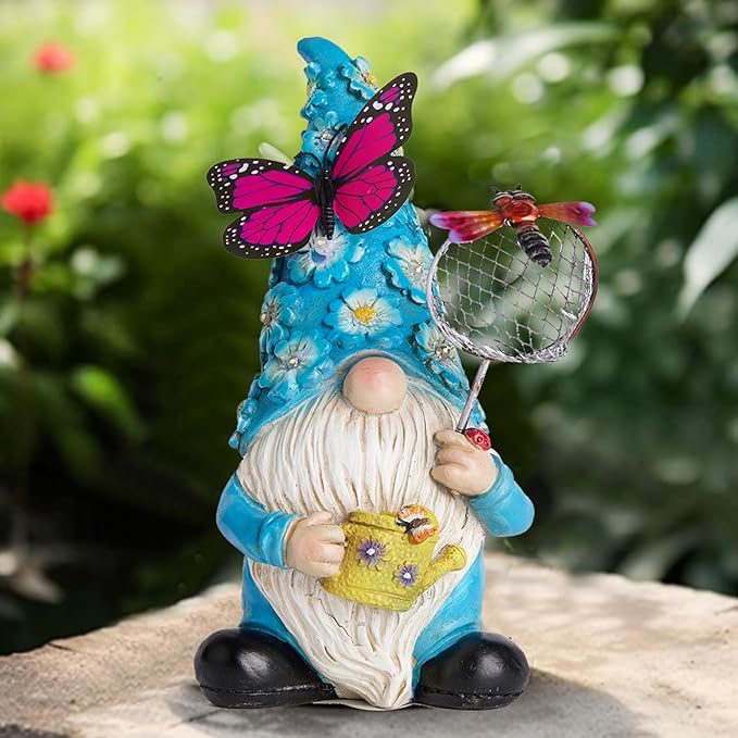 Garden Gnome Statues Outdoor Decor Solar Gnomes with Butterfly on LED Lighted Flowers, Resin Blue Gnomes Sculpture for Patio Yard Lawn Onament Decoration-VerdiqueGarden