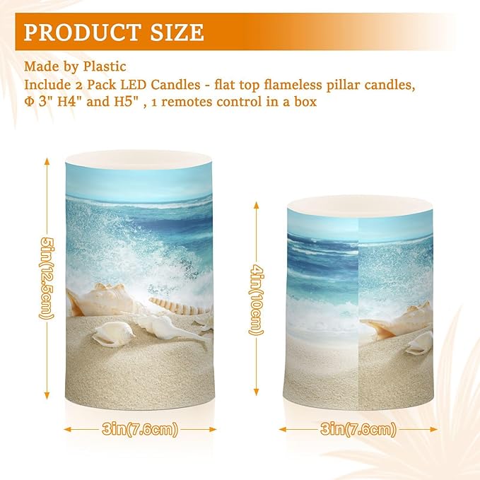 Flickering Flameless Candles, Shells Summer Sandy Beach LED Candles with Remote Timer, Set of 2 Battery Operated Candle for Valentine Wedding Birthday-VerdiqueGarden