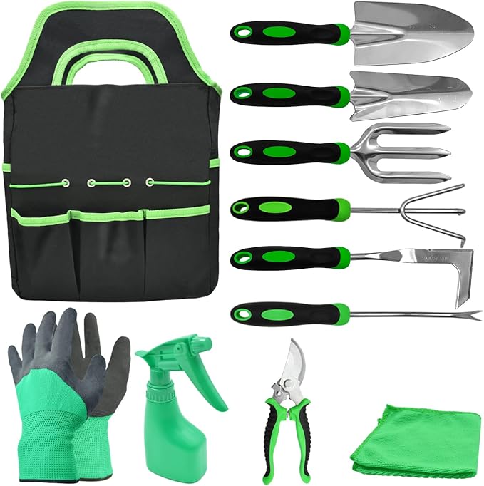 11Pcs Heavy Duty Gardening Tool Set, Shovel Stainless Steel with Non-Slip Rubber Grip, Canvas Storage Bag for Women Gardeners Pruning Shears Plant Care Weeding Tools-VerdiqueGarden