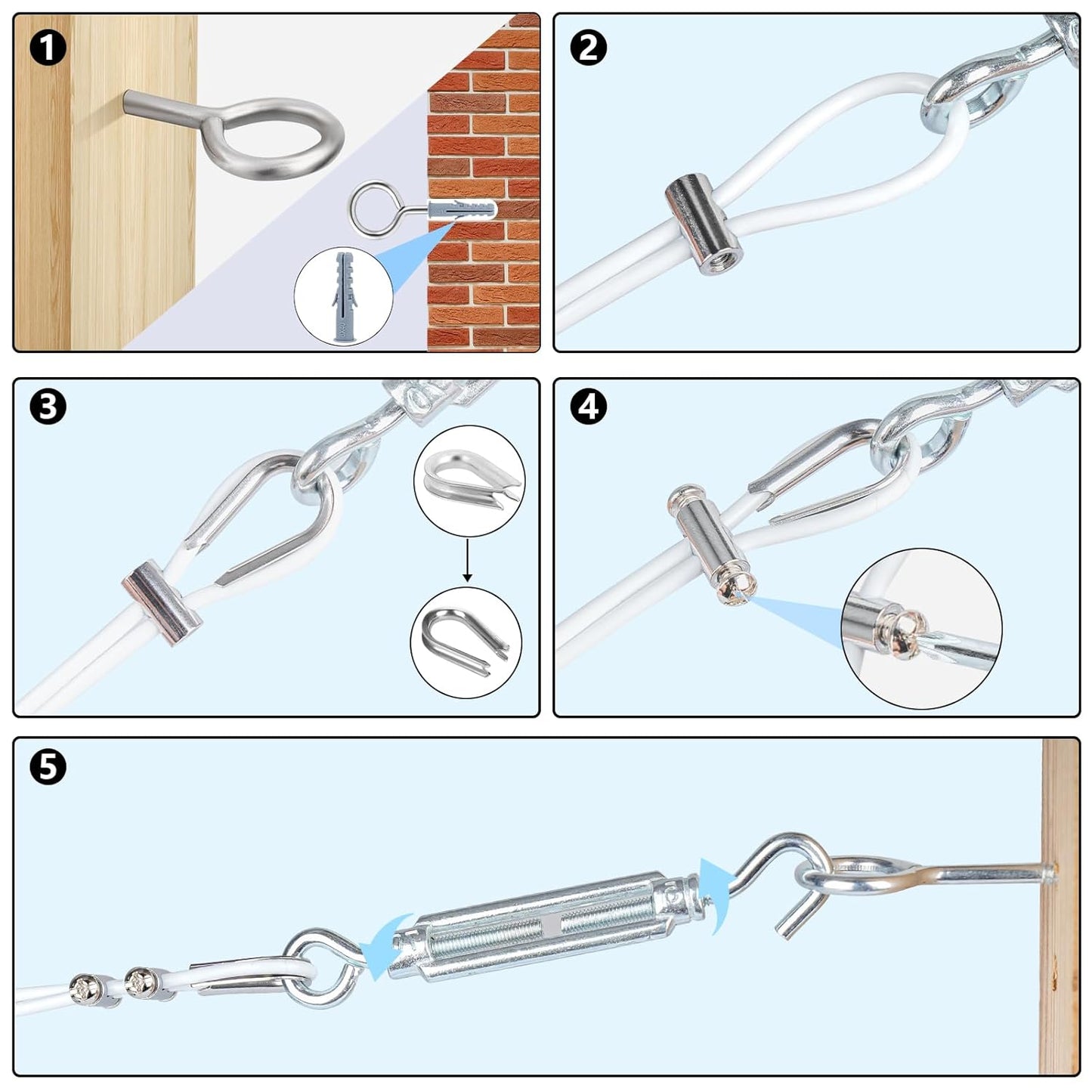 Turnbuckles for Cables Wire, 1/8" X 100Ft White PVC Coated Wire Rope Kit, Multi-use Steel Cable for Grape Vines/Clothes Line Outdoors for T Post/String Light Hanging/Garden Wire-VerdiqueGarden