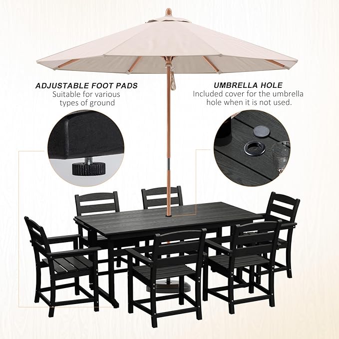7pcs Outdoor Dining Set, HDPE Patio Dining Set for 6, All-Weather Outdoor Table and Chairs with Umbrella Hole & Adjustable Pads, Modern Patio Furniture Set for Backyard, Poolside &Lawn (Black)-VerdiqueGarden