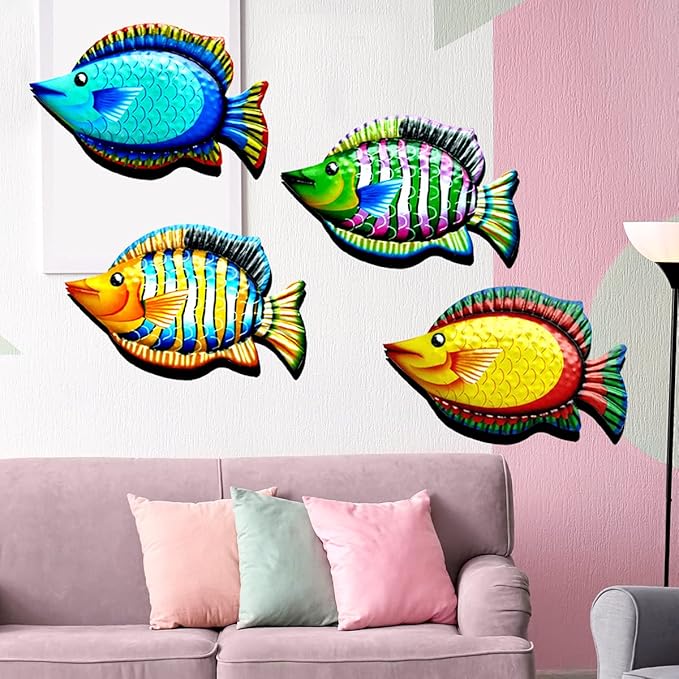 HHgrowe 11.8 Inches Hand-Painted Metal Fish Art Wall Decor Coastal Ocean Sea Hanging Decorations Garden Pool Decor Set of 4 Colorful Outdoor or Indoor Wall Sculptures …-VerdiqueGarden