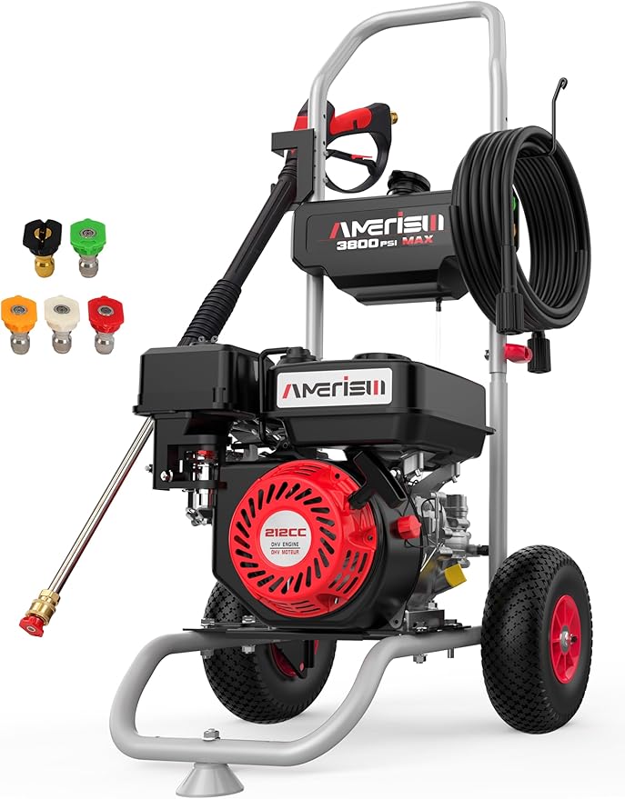 Gas Pressure Washer 3800 PSI and 2.5 GPM, 212CC, with Onboard Soap Tank, 10" Wheel, 5 Nozzle Set, for Cars/Fences/Homes/Patios/Furniture-VerdiqueGarden