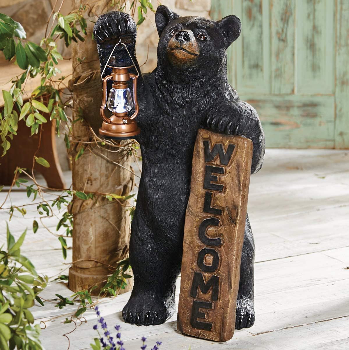 Black Forest Décor - Welcome Bear Solar Lantern - Outdoor Patio & Garden Décor with Solar Light, 18" W x 16" D x 33" H-VerdiqueGarden
