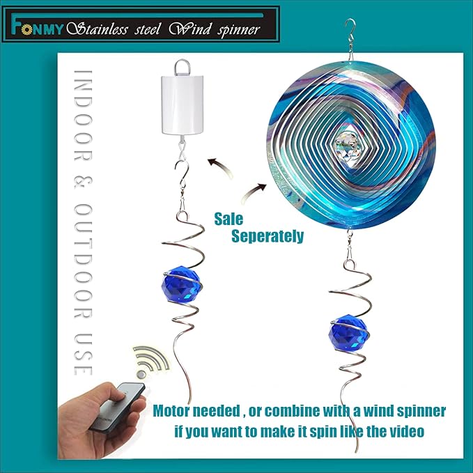 FONMY Gazing Ball Spiral Tail -Decorative Wind Spinner Sun Catcher Rainbow Maker 11 inch Tail and 2 inch Dark Blue Crystal Orb. Indoor Outdoor Garden Decoration -13 inch Height-VerdiqueGarden