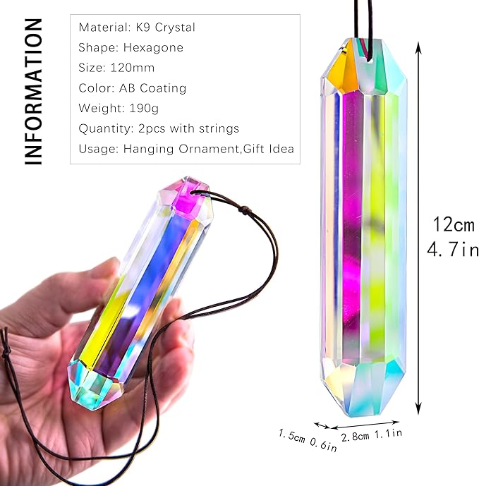 HDCRYSTALGIFTS 2PCS 5" Large Crystal Sun Catcher Prisms for Windows Indoor, AB Colored Hexagone Hanging Crystals Suncatchers, Rainbow Maker for Christmas,Patio,Chandelier,Garden Ornaments-VerdiqueGarden