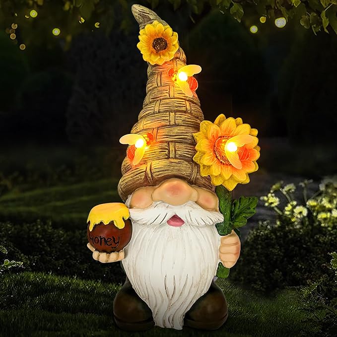 Uniboho Garden Gnome Statue Outdoor Garden Decor Large Resin Sunflower Gnome Holding Honey Jar with Solar Bee Lights for Garden Yard Decorations Patio Lawn Outside Porch Lawn Decor Gnomes Gifts 12"-VerdiqueGarden