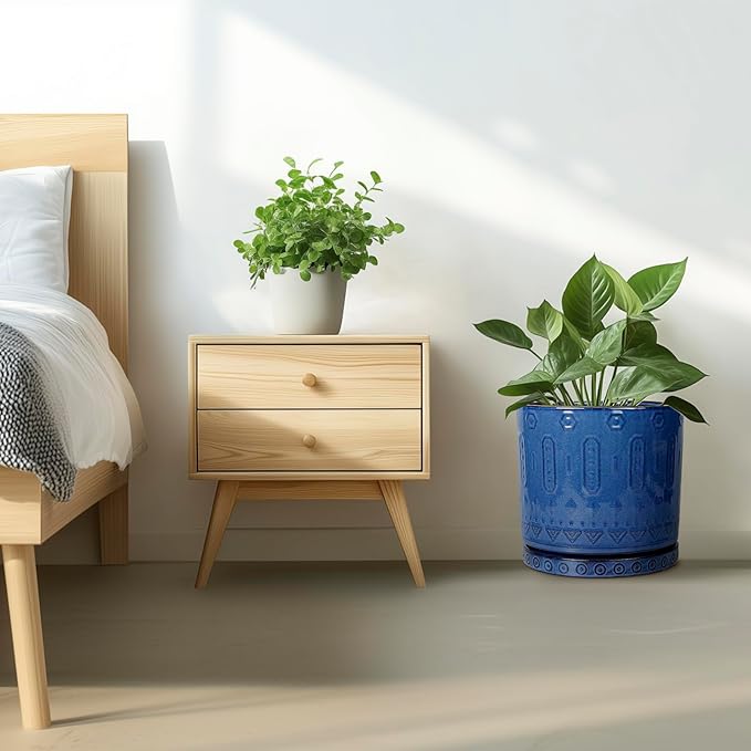 12 Inch Pot for Plants - Ceramic Planter for Indoor Plants Large Plant Pot with Drainage Holes and Saucer Outdoor Flower Pot Decorative Round Planter for Porch Office Decor Blue-VerdiqueGarden