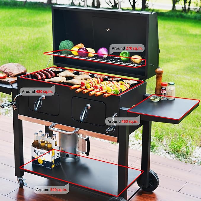 Charcoal Grill Outdoor BBQ Grill, Extra Large Cooking Area 794 Square Inches with Two Individual & Adjustable Charcoal Tray, Foldable Side Tables for Outdoor Cooking Backyard Camping Picnics By DNKMOR-VerdiqueGarden