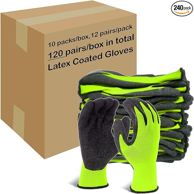 Evridwear Crinkle Latex Rubber Hand Coated Safety Work Gloves for Men Women General Multi Use Construction Warehouse Gardening Assembly Landscaping (XL-Size) Lime 120 Pairs Pack-VerdiqueGarden