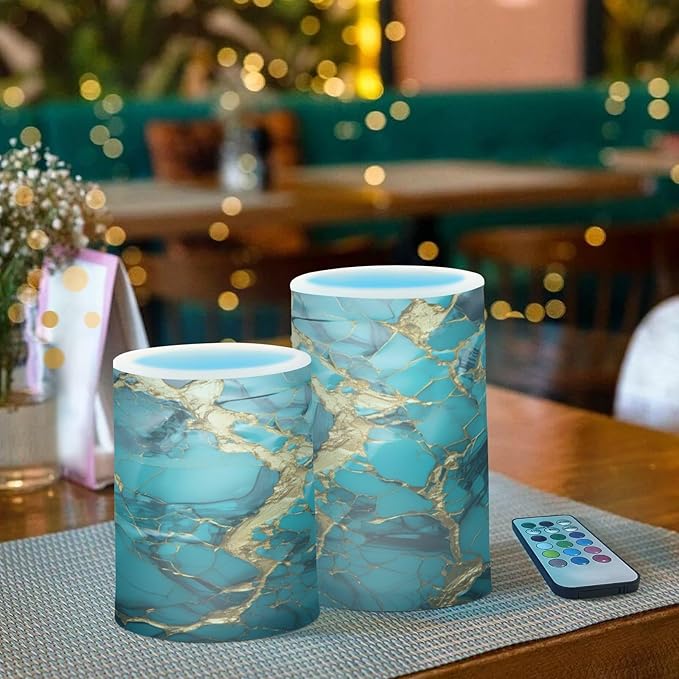 Flickering Flameless Candles, Turquoise Golden Marble LED Candles with Remote Timer, Set of 2 Battery Operated Candle for Valentine Wedding Birthday-VerdiqueGarden