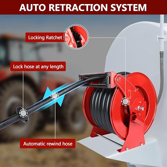 Fuel Hose Reel with Fueling Nozzle, 1" x 50FT Retractable Diesel Hose Reel, 300 PSI Industrial Heavy Duty Auto Swivel Rewind Hose Holder Reels, for Vehicle Tank Truck Trailer Ship-VerdiqueGarden