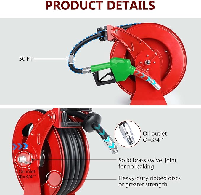 Fuel Hose Reel with Fueling Nozzle, 3/4" x 50FT Retractable Diesel Hose Reel, 300 PSI Industrial Heavy Duty Auto Swivel Rewind Hose Holder Reels, for Vehicle Tank Truck Trailer Ship-VerdiqueGarden