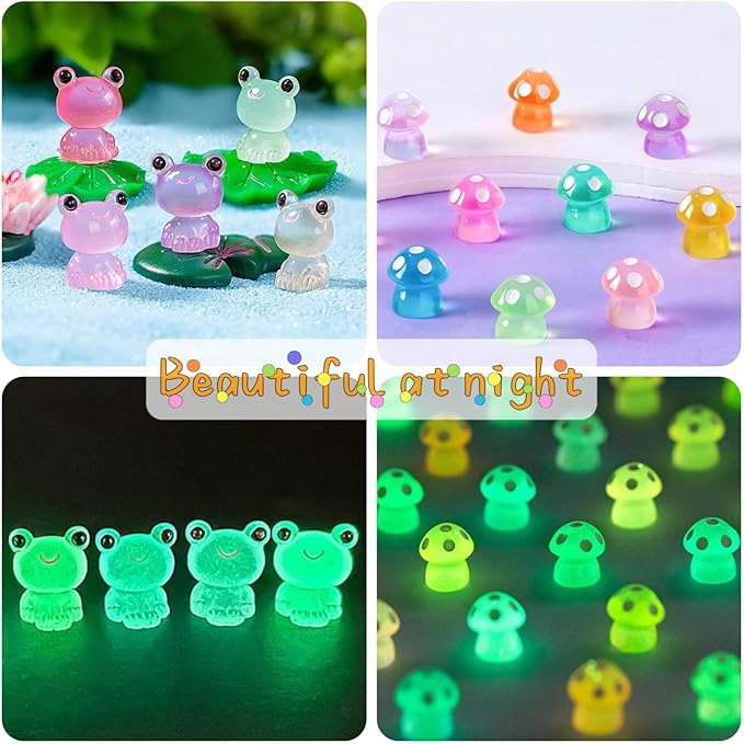 122Pcs Luminous Mini Resin Animal Figurines Glow in The Dark Cute Rabbits Frogs Mushrooms Glitter Ducks 4 Combination Miniature Figurines Set for Office Garden Decoration Aquarium Home Party Decor-VerdiqueGarden